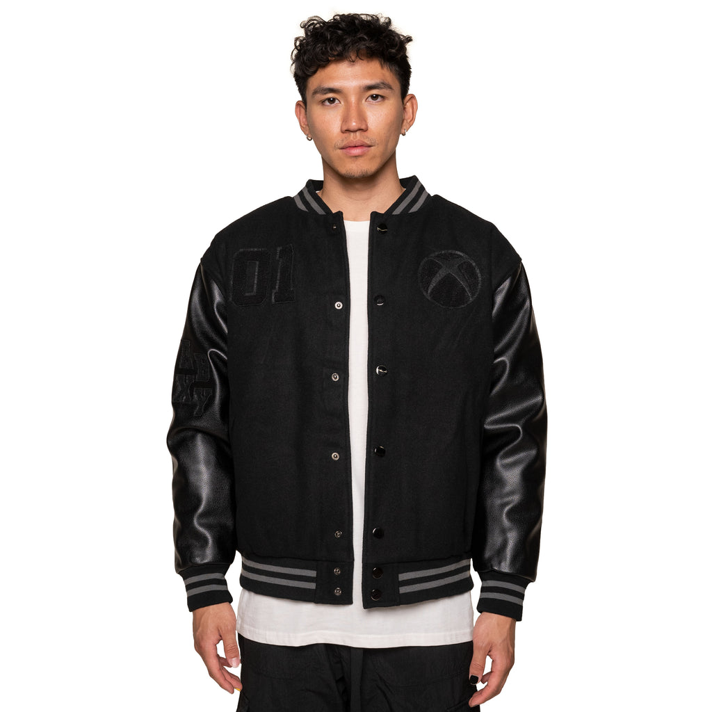 OFF-WHITE Leather Varsity Jacket in Grey & Multi